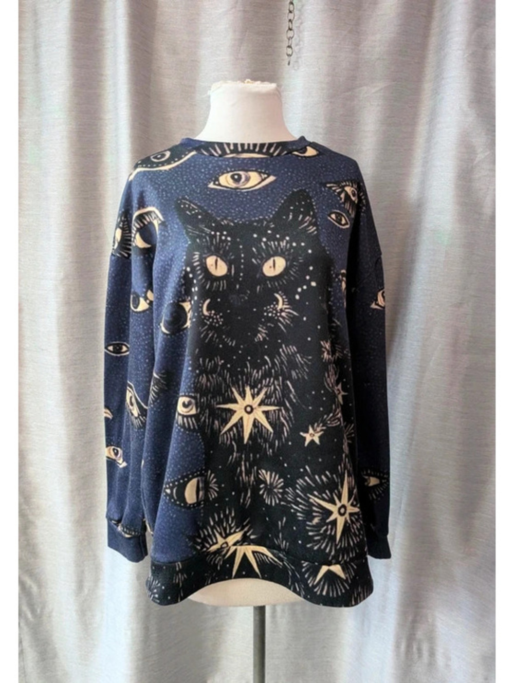 Navy Black Cat Evil Eye Celestial Sweatshirt M